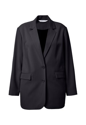 Zwarte blazer met een geknipt revers, een enkele knoop aan de voorzijde en twee voorzakken. Gemaakt van lichtgewicht stof met een soepele textuur.