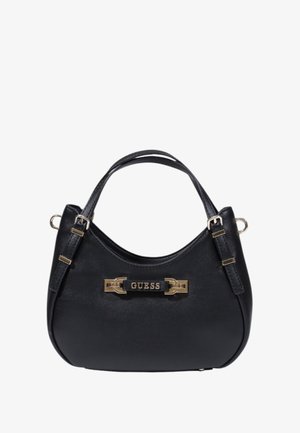 Black synthetic handbag with a curved shape, gold hardware, and a "GUESS" logo accent on the front. Features dual handles and adjustable strap.