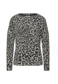 Leopardi kuosiset neuleet, jotka on valmistettu pehmeästä ja pörröisestä materiaalista; siinä on pyöreä kaula-aukko ja pitkät hihat; vaaleanbeige pohja mustilla kuvioilla.