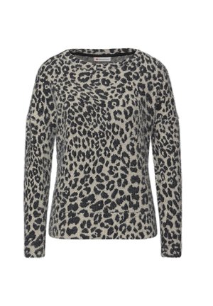 Pull en imprimé léopard fabriqué dans un matériau doux et pelucheux ; présente un col rond et des manches longues ; fond beige avec des motifs noirs tout au long.