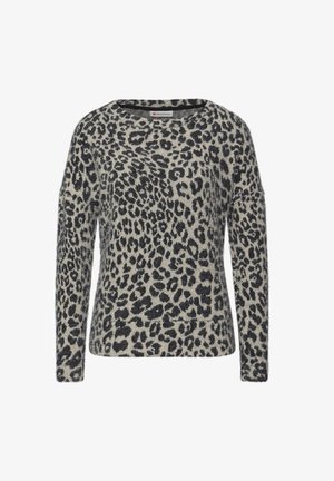 Leopardprint trui gemaakt van zacht, pluizig materiaal; heeft een ronde hals en lange mouwen; beige basis met zwarte patronen overal.