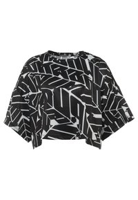 Svart kort topp med ett djärvt vitt geometriskt mönster, korta ärmar och rund halsringning. Har ett andningsbart, texturerat tyg.