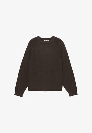 Dark brown knitted sweater with ribbed texture, round neckline, and long raglan sleeves. Hemline and cuffs are also ribbed.