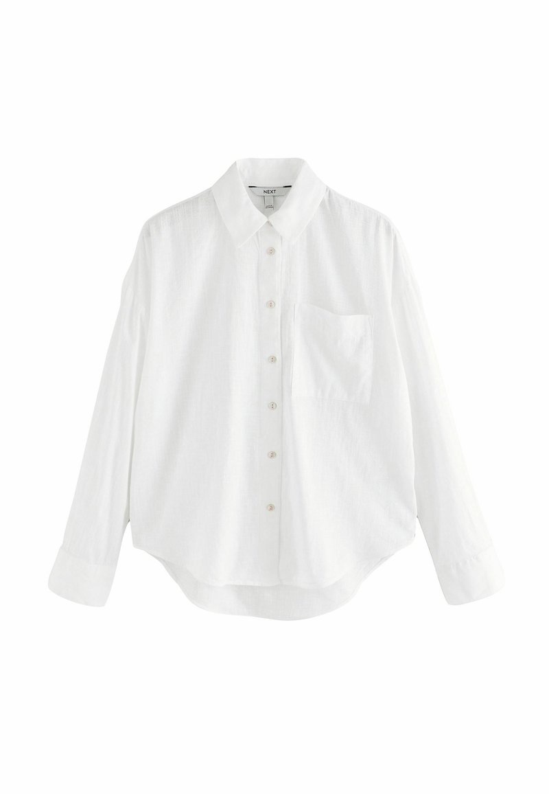 White long-sleeve button-up shirt in lightweight fabric, featuring a pointed collar, front pocket, and rounded hem. Subtle texture visible.