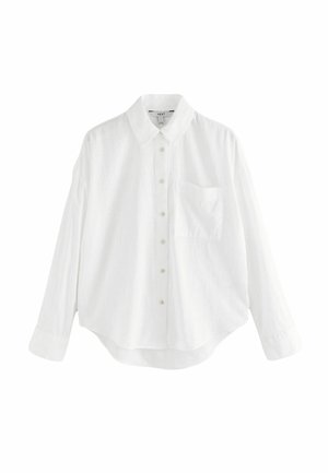 White long-sleeve shirt made from a lightweight fabric, featuring a button-down front, a classic collar, and a single chest pocket.