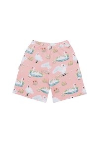 Pink shorts featuring a swan print with green water and floral accents. Elastic waistband, soft fabric, and a relaxed fit design.