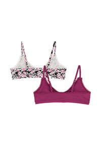 Se exhiben dos sujetadores: uno con un estampado floral en negro, rosa y blanco con borde de encaje, y otro en un profundo rosa sólido con bordes ondulados.