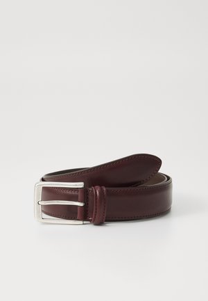 Maroon leather belt with a silver rectangular buckle, featuring stitched edges and a smooth texture, designed for durability and style.