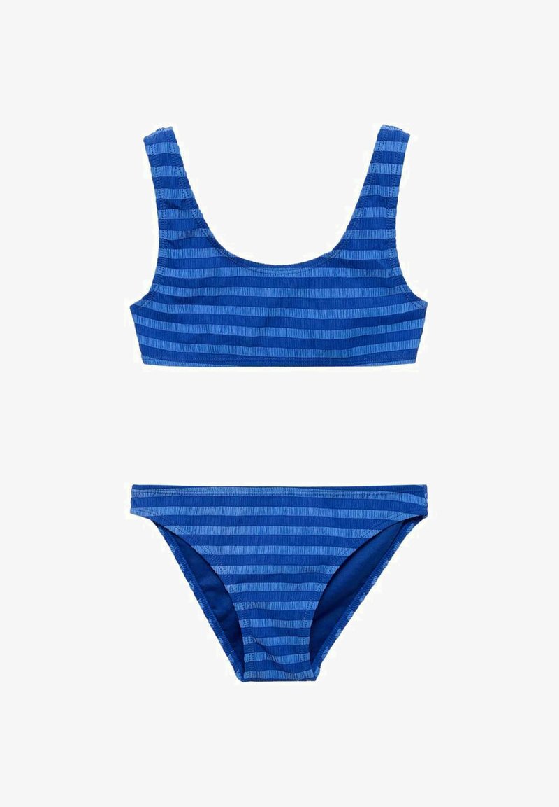 Bikini set modré barvy s pruhy, který obsahuje top s hlubokým výstřihem a kalhotky s nízkým pasem, vyrobený z měkké, strukturované tkaniny s hladkým povrchem.