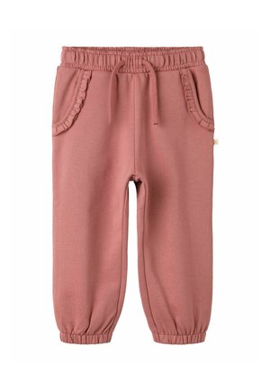 Pantalon rose poudré pour tout-petit avec taille et poignets élastiques, cordon à l'avant et bordure froncée sur les poches latérales, sur fond blanc.