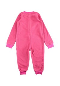 Grenouillère en polaire rose à manches longues et chevilles resserrées. Caractérisée par une texture douce et des poignets côtelés dans un rose plus foncé contrastant.