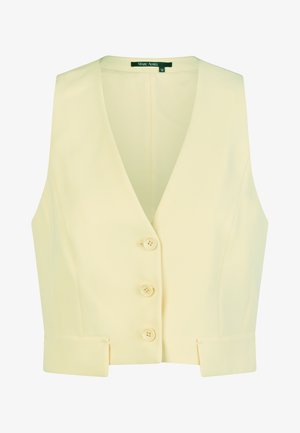 Ärmellose Weste in Cremefarbe mit V-Ausschnitt, drei Knöpfen vorne und zwei kleinen seitlichen Schlitzen am Saum.