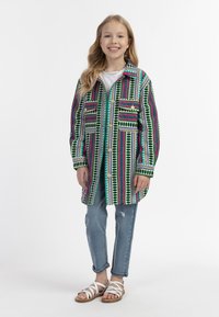 Barevná, vzorovaná nadměrná bunda s zelenými, růžovými a modrými pruhy, doplněná zlatými knoflíky a čtyřmi předními kapsami, kombinovaná s džínami a sandály.