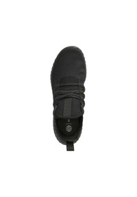 Black athletic shoe with a textured mesh upper, elastic straps, and a round toe. Features a pull tab at the heel and a patterned outsole.