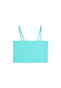 Lys turkise crop top med tynde aftagelige stropper, lavet af blødt stof, med et simpelt design og en ren, lige søm.