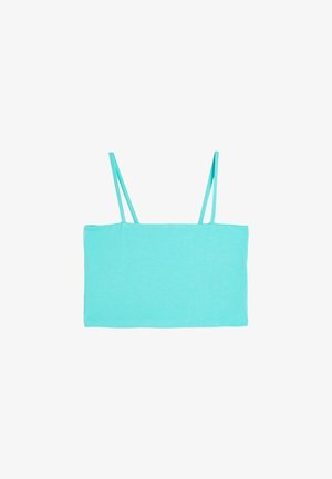Lys turkise crop top med tynde aftagelige stropper, lavet af blødt stof, med et simpelt design og en ren, lige søm.