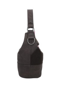 Sac seau marron foncé avec une large anse et des accessoires en métal, présentant des panneaux en tissu lisse et texturé.