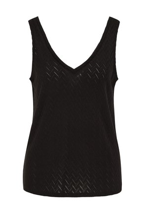 Mustast värvist varrukateta kudumtop V-kaelusega ja kalasaba mustriga, kehaümar lõige ja kerge tekstuuriga kangas.