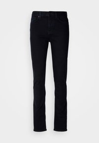 Jeans de mezclilla negra con un ajuste slim, diseño de cinco bolsillos, costuras visibles y cierre de botón. Textura suave sin patrones adicionales.