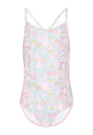 Costume intero per bambine con stampa floreale rosa, bianca e gialla su azzurro chiaro, con rifiniture arricciate e sottili spalline.