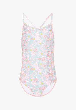 Jednoczęściowy strój kąpielowy dla dziewczynek z różowym, białym i żółtym kwiatowym wzorem na jasnoniebieskim tle, z falbanką i cienkimi ramiączkami.