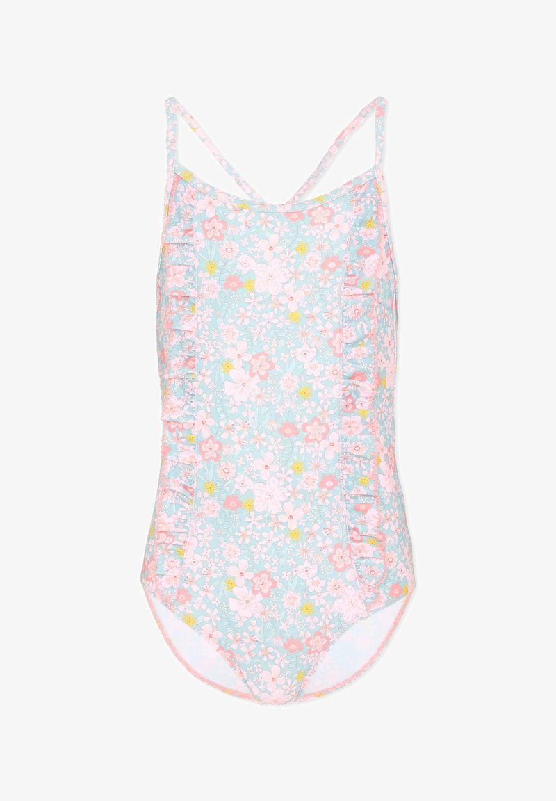 Jednoczęściowy strój kąpielowy dla dziewczynek z różowym, białym i żółtym kwiatowym wzorem na jasnoniebieskim tle, z falbanką i cienkimi ramiączkami.