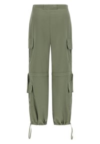 Olive green cargo pants made of lightweight fabric, featuring side pockets, an elastic cuff at the hem, and a relaxed fit design.
