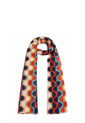 Multicolored scarf featuring a geometric pattern of overlapping circles in reds, blues, and yellows on a lightweight fabric.