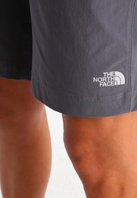 Grå shorts i lättviktsmaterial med en sömdetalj vid kanten och en vit tryckt logotyp av "The North Face" på nedre vänstra sidan.