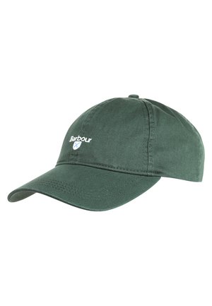 Green cotton baseball cap featuring a curved peak, stitching details, and a white embroidered logo on the front.