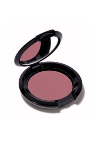 Compact de blush rond avec un extérieur noir brillant, contenant un blush rose pâle mat. Le couvercle ouvert révèle une texture de poudre lisse.