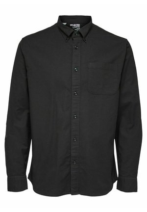 Black long-sleeve button-up shirt in cotton fabric, featuring a standard collar, front pocket, and matching black buttons.