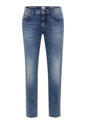 Blaue Jeans aus Denim mit slim fit, leichter Ausbleichung, Fünf-Taschen-Design und kontrastierender Nähte. Verfügt über einen Knopfverschluss und Gürtelschlaufen.