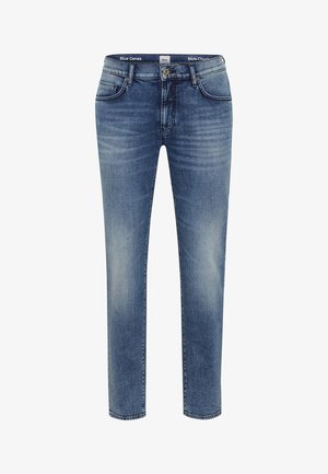 Blaue Jeans aus Denim mit slim fit, leichter Ausbleichung, Fünf-Taschen-Design und kontrastierender Nähte. Verfügt über einen Knopfverschluss und Gürtelschlaufen.