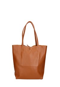 Borsa a mano in pelle marrone con texture liscia, apertura superiore e manici doppi. Design semplice e strutturato senza hardware o decorazioni visibili.