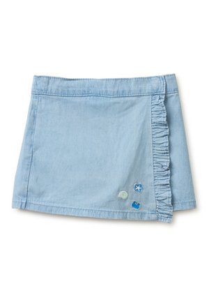 Gonna a portafoglio in denim azzurro chiaro con bordo arricciato sul lato destro e piccole toppe ricamate a tema marino vicino all'orlo.