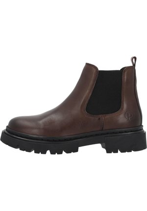 Brun læder Chelsea-støvle med sort elastisk sidepanel og chunky sort gummisål, set fra ydersiden.