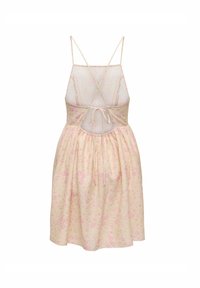 Bloemen zondress in lichtgeel met roze accenten. Kenmerkt zich door spaghettibandjes, een open rug met strikdetail en een geplooide rok.