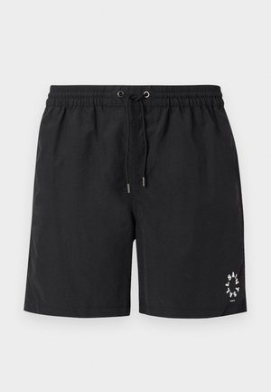 Schwarze Badeshorts aus leichtem Material. Elastischer Bund mit Kordelzug und silbernen Enden. Logo in Weiß unten links aufgedruckt.