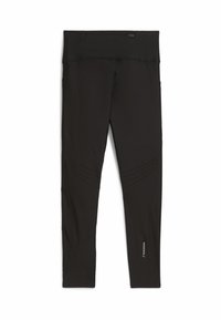 Fekete sport leggings rugalmas anyagból, széles derékpánttal és perforált részletekkel az alsó oldalakon a szellőzés érdekében.