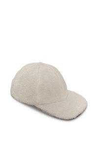 Cream-colored cap made of fuzzy, textured material with a curved brim and panel design. Soft finish with no visible hardware or accents.