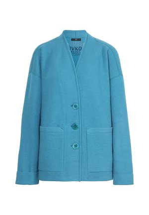 Blauer Wollcardigan mit drei Knöpfen, zwei vorderen Taschen und einem V-Ausschnitt.