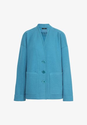 Sinine villa kardigan kolme nupuga, kahe esipockets ja V-kaelusega.