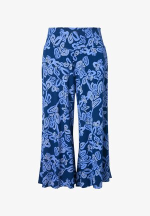 Pantaloni blu a gamba larga con motivo floreale astratto azzurro chiaro e ampia cintura elastica.