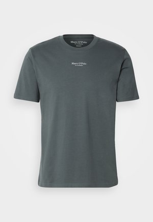 Dark gray cotton t-shirt with a round neckline, short sleeves, and a small white logo printed near the chest. Smooth texture.