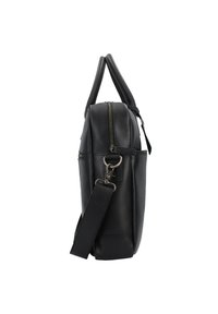 Schwarze Leder-Umhängetasche mit strukturierter Form, oberem Reißverschluss und verstellbarem Tragegurt. Verfügt über eine glatte Textur und ein seitliches Clip-Hardware-Detail.