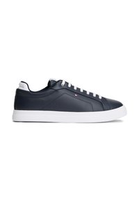 Navy blue leather sneaker with a smooth finish, white rubber sole, contrasting eyelets, and a small logo detail on the side.