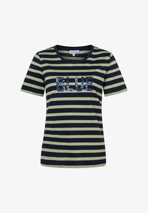 Striped t-shirt in green and navy, featuring short sleeves, a round neckline, and a sequin "BLUE" graphic across the front. Soft cotton material.