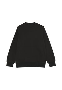 Felpa nera con scollo rotondo, maniche lunghe e bordo a costine. Texture liscia, senza loghi o motivi visibili.