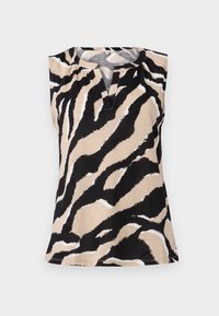 Haut sans manches pour femmes avec un imprimé zèbre abstrait beige, noir et blanc, doté d'un col rond avec une petite ouverture en V.
